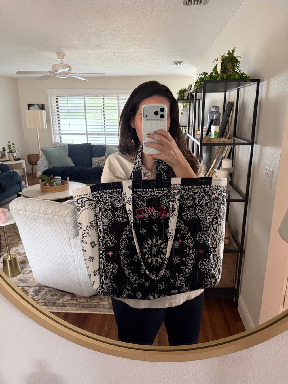 Black & White Quilted Bandana Tote with Pink Embroidery - Picture 7 of 8